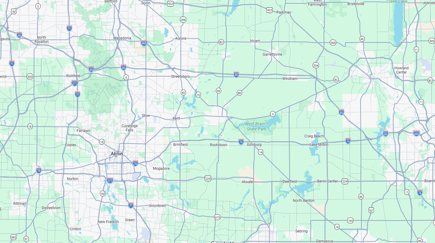 Melin Landscaping service area map — Summit and Portage Counties, Ohio
